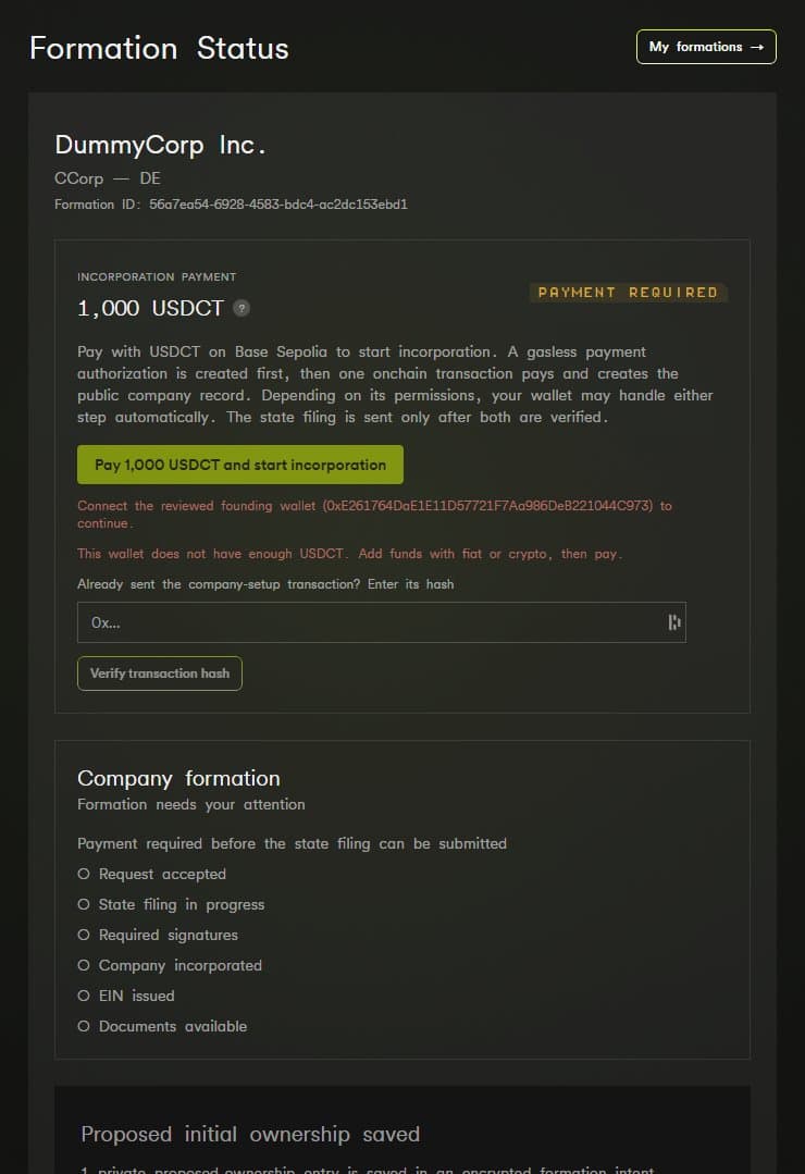 The formation status page: payment, filing progress, and required signatures in one view