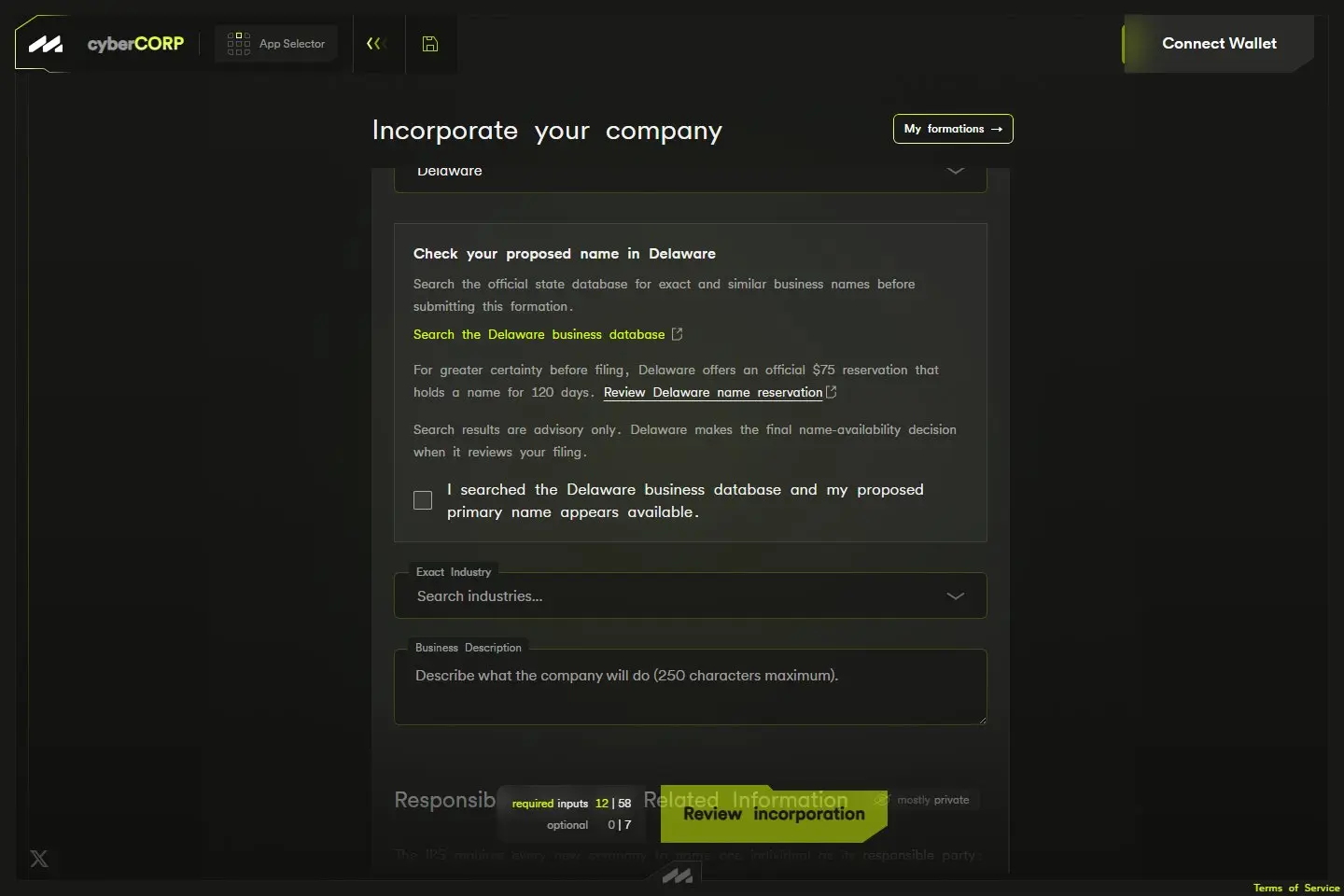Name preflight: official state search, advisory note, and availability confirmation