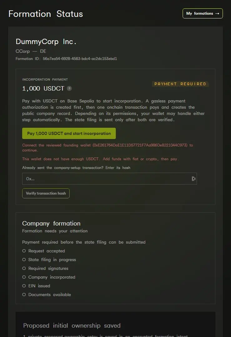 The formation status page: payment, filing progress, and required signatures in one view